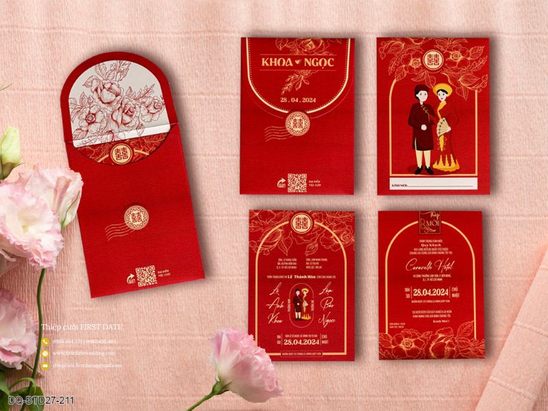 Thiệp cưới chibi màu đỏ ý nghĩa