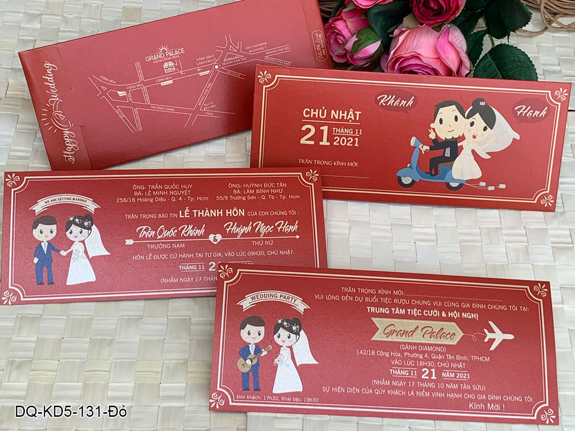 Thiệp cưới chibi in hình đáng yêu sắc đỏ chứng tỏ